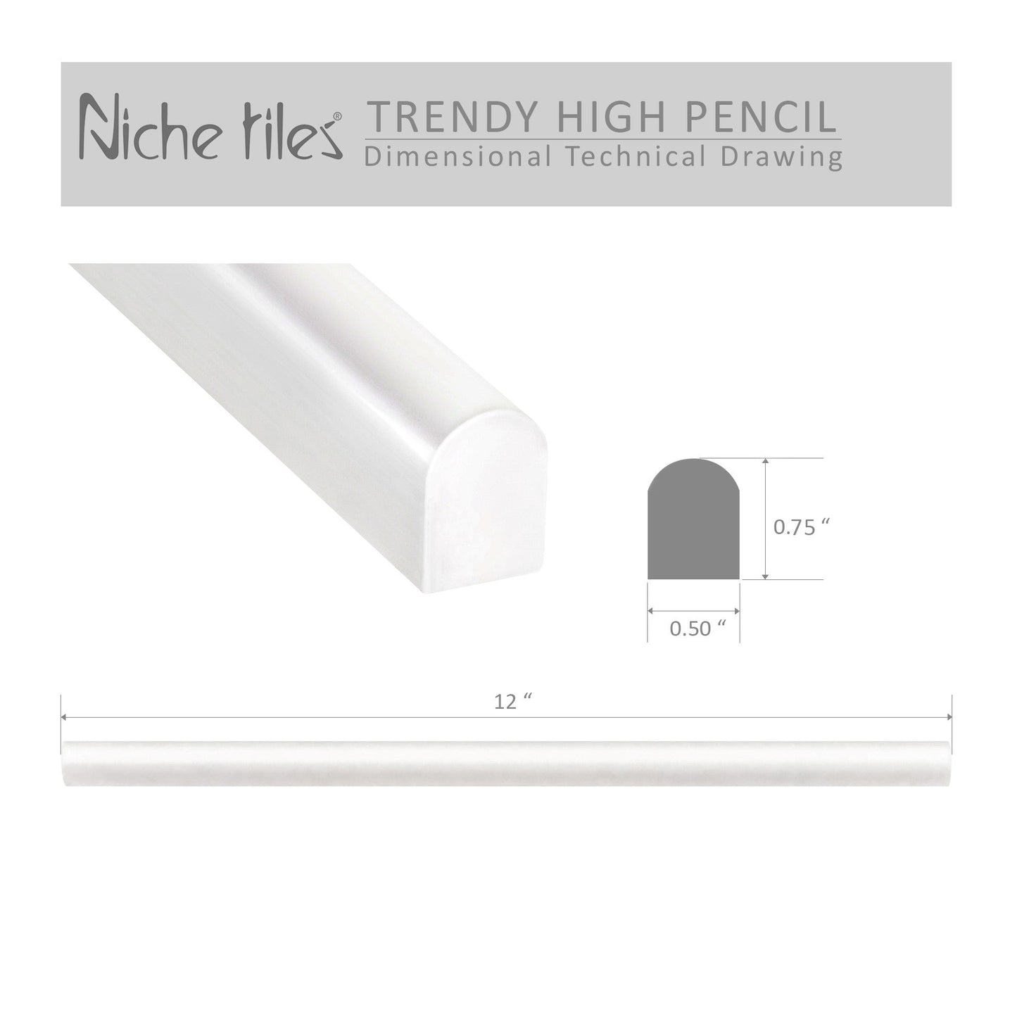 Modula Metal Pewter Pencil Bullnose Wall Accent Tile Trim – 1/2” x 12” (Set of 5)