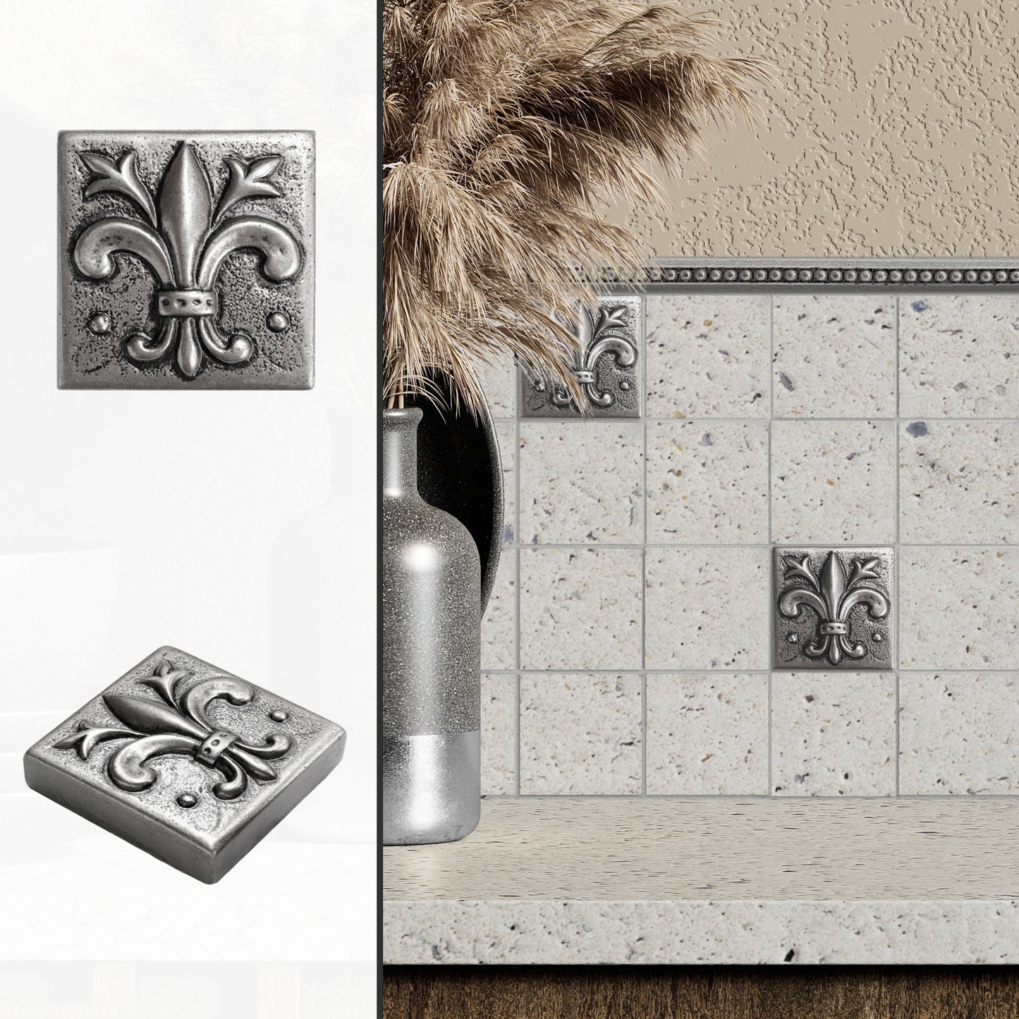 Fleur de Lis - Metal Insert Tile Pewter 2x2 ( PACK OF 8 PIECE)