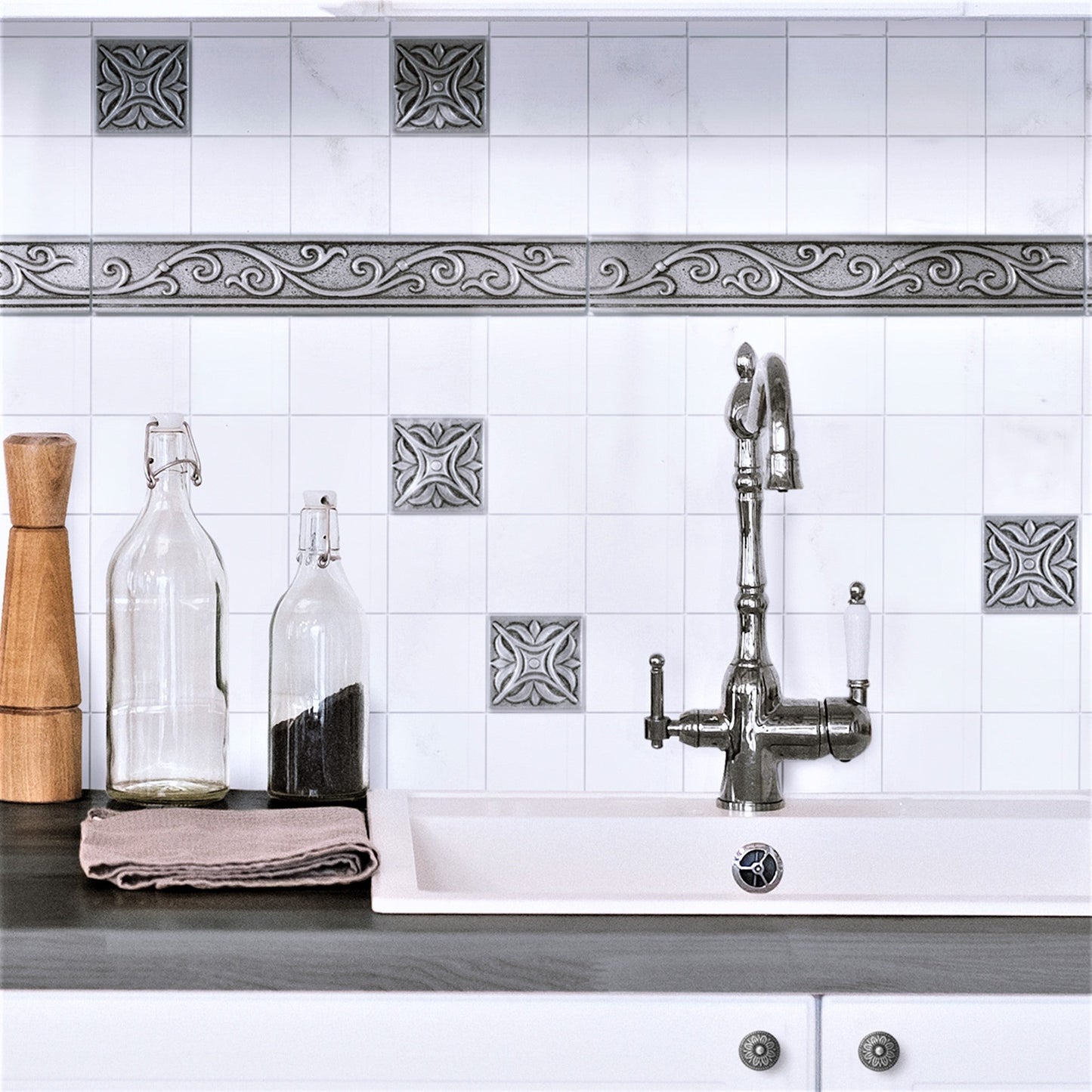 Fiora Artisan Pewter Metal Accent Wall Tile Trim – 1.75” x 12” (Set of 5)