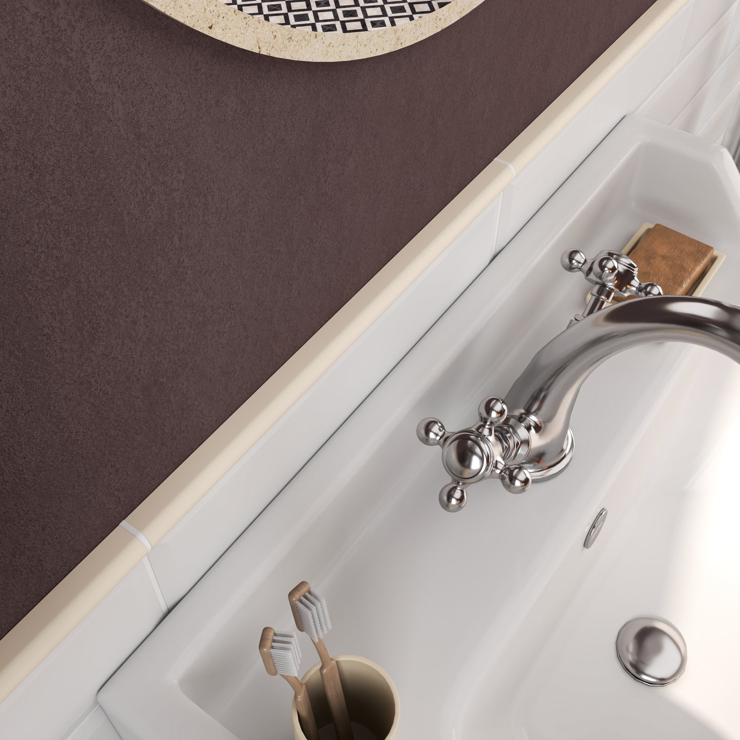 Modula Cast Stone Soft Cream Pencil Bullnose Wall Accent Tile Trim – 1/2” x 12” (Set of 5)